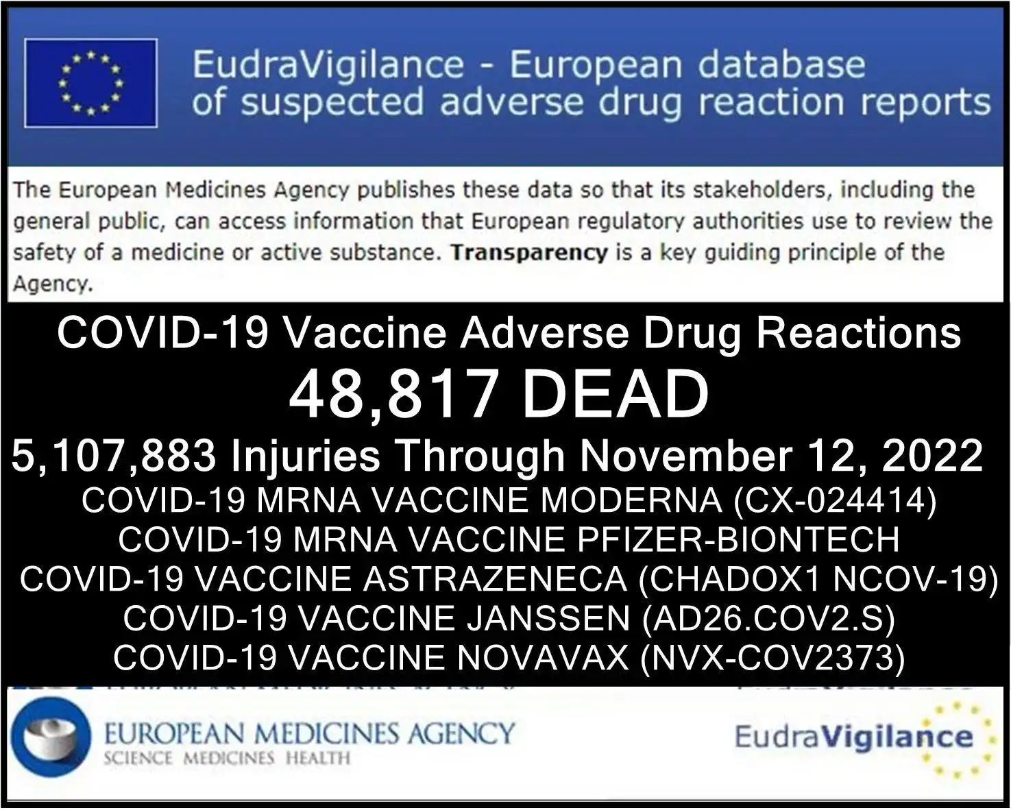 EMA 48.817 Tote, 5.107.883 Impfschäden Eudravigilance 12.11.22